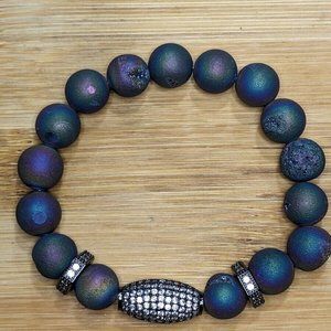 New Women's Druzy Agate Rainbow Pave Geode Gunmetal Bracelet 10mm